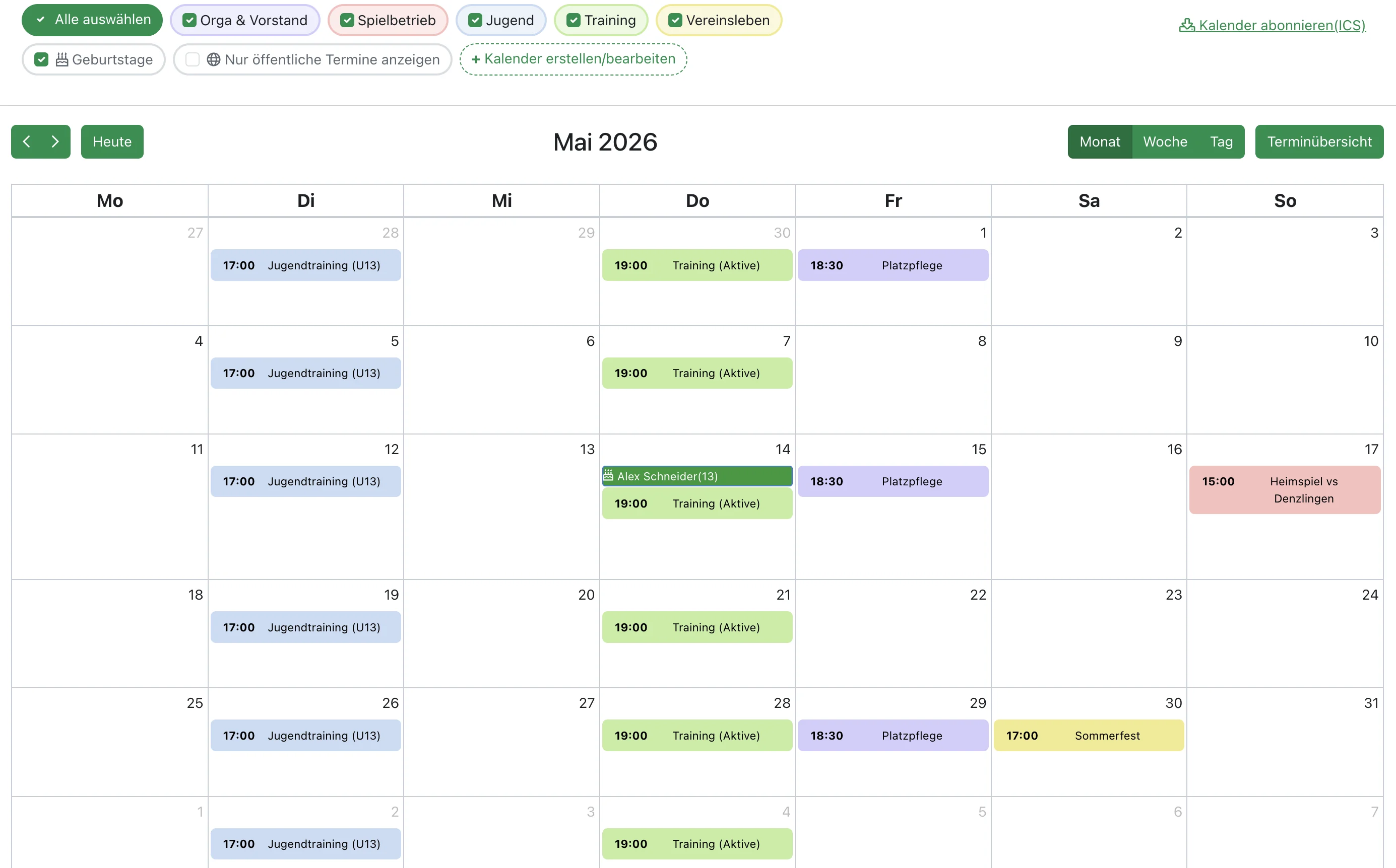 Screenshot Vereinskalender