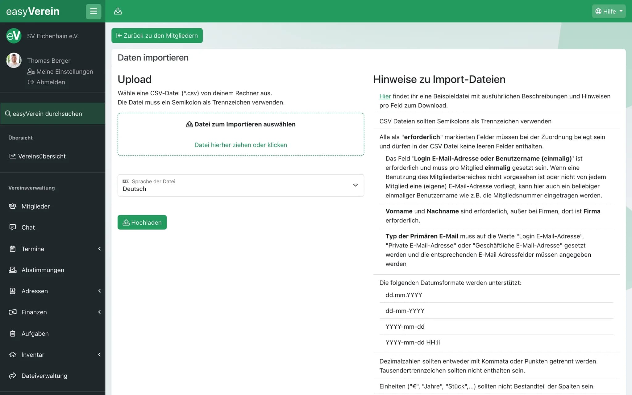 Screenshot Datenimport und -export