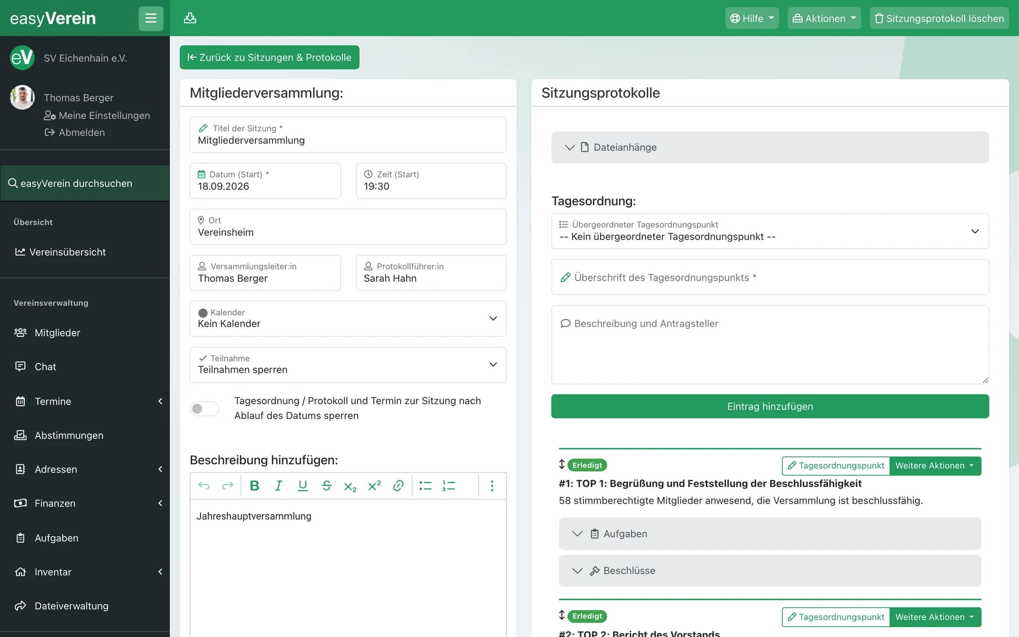Screenshot Sitzungen und Protokolle