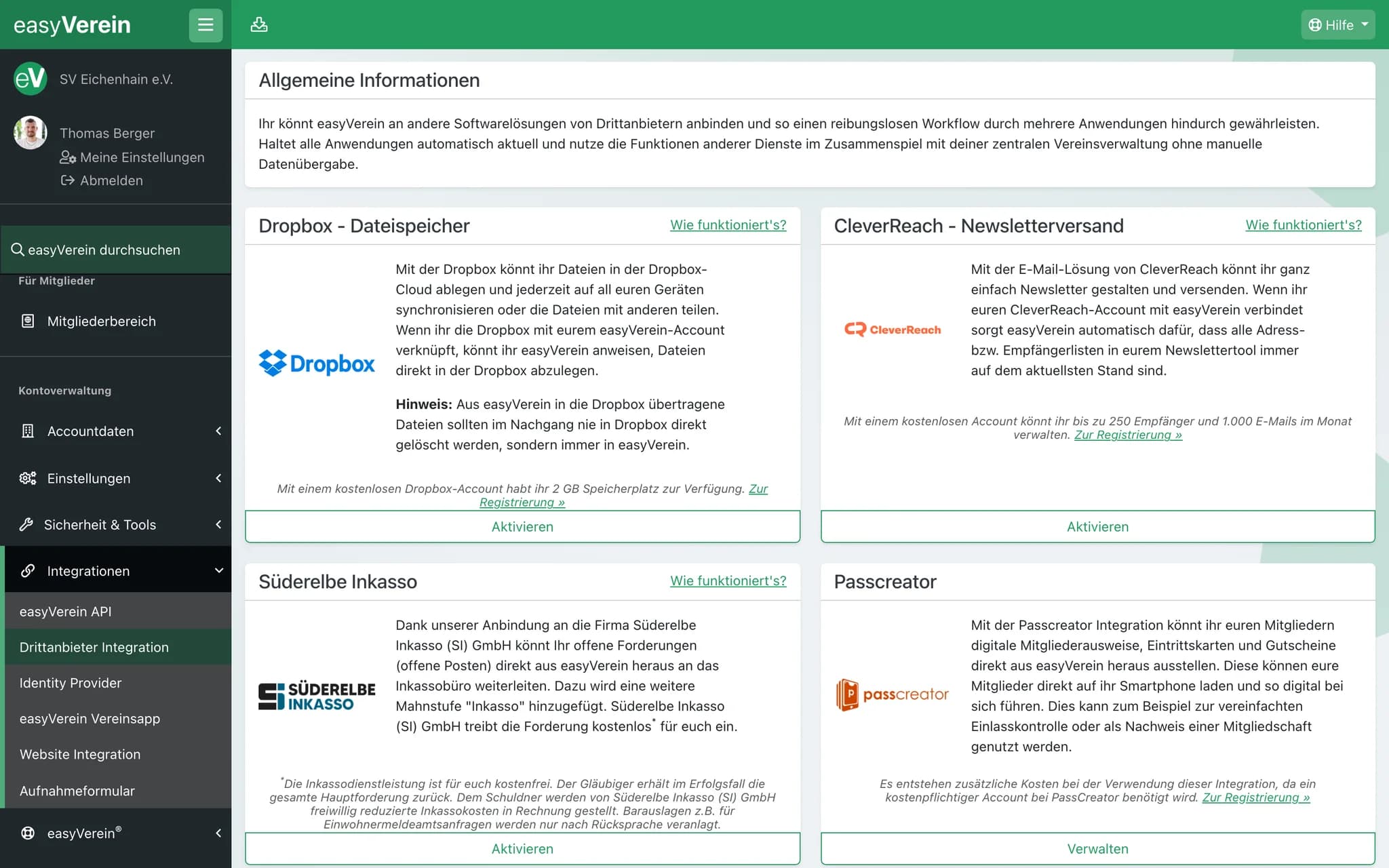 Screenshot Integrationen und Apps