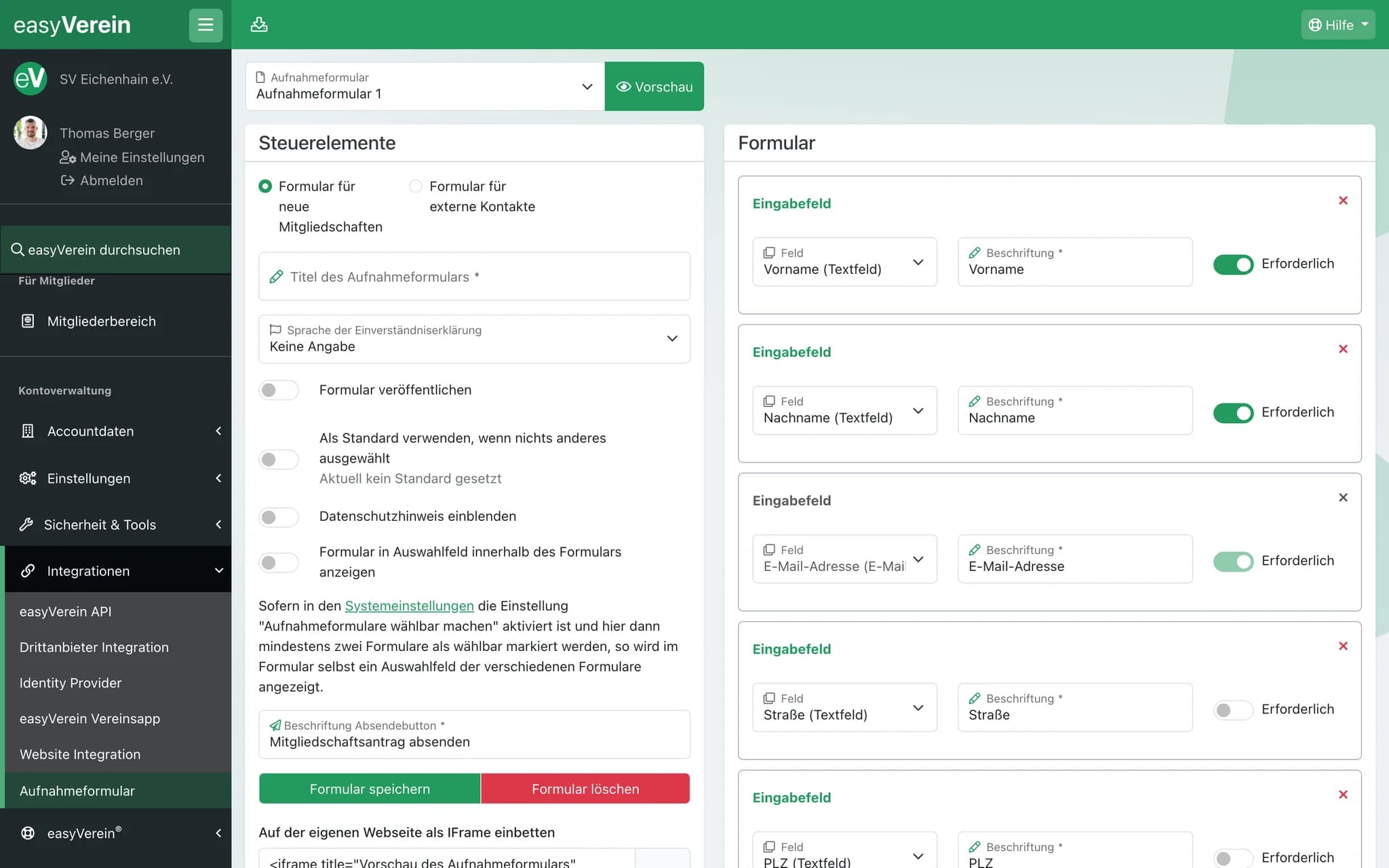 Screenshot Aufnahmeformular